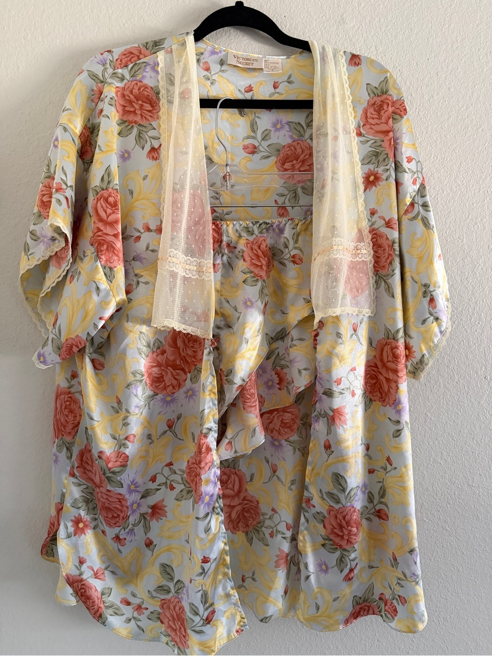 Vintage Victorias Secret Floral Satin Matching Set Lace Kimono Shorts